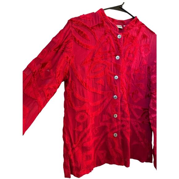 Chico's Velvet Sheer Geometric mandarin collar red blouse top button down size s - Picture 4 of 11